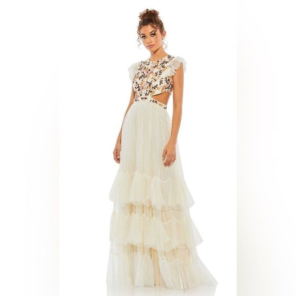 Mac Duggal 35106 Floral Embroidered Tiered Cutout Maxi Dress / size 12 - Picture 1 of 9